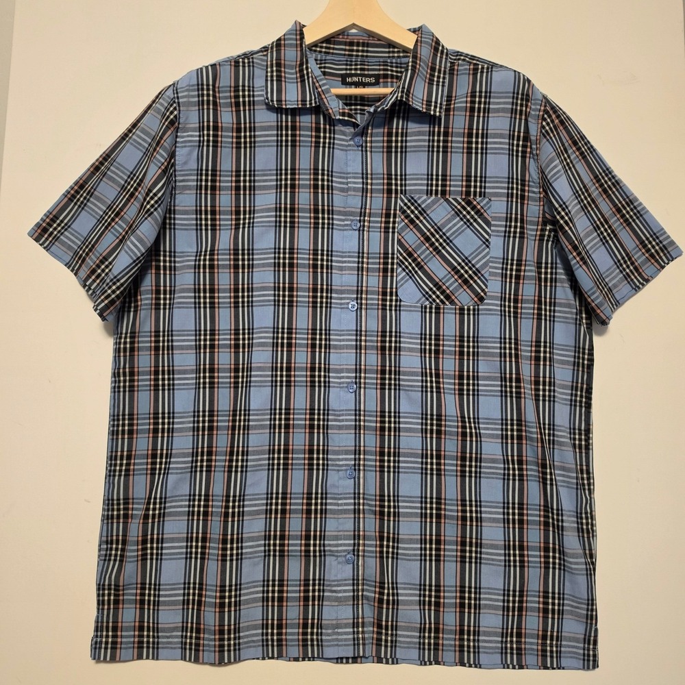 Hunters Plaid Short Sleeve Button Down Shirt Blue Black Peach Large